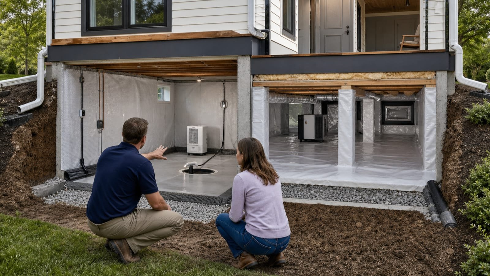 Split foundation showing basement water management and sealed crawl-space encapsulation