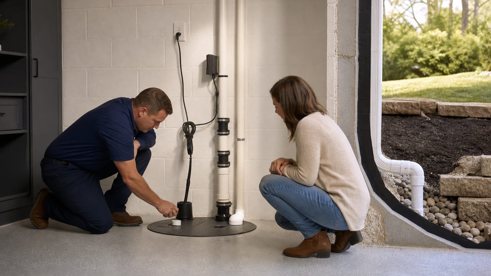 Covered sump system with alarm, backup, check valves, power, and exterior discharge