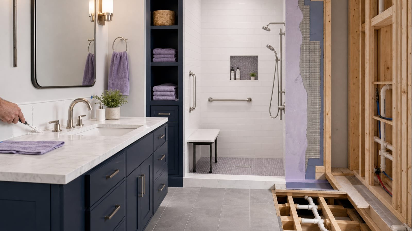 Bathroom showing localized repair, accessible redesign, and exposed wet-area construction