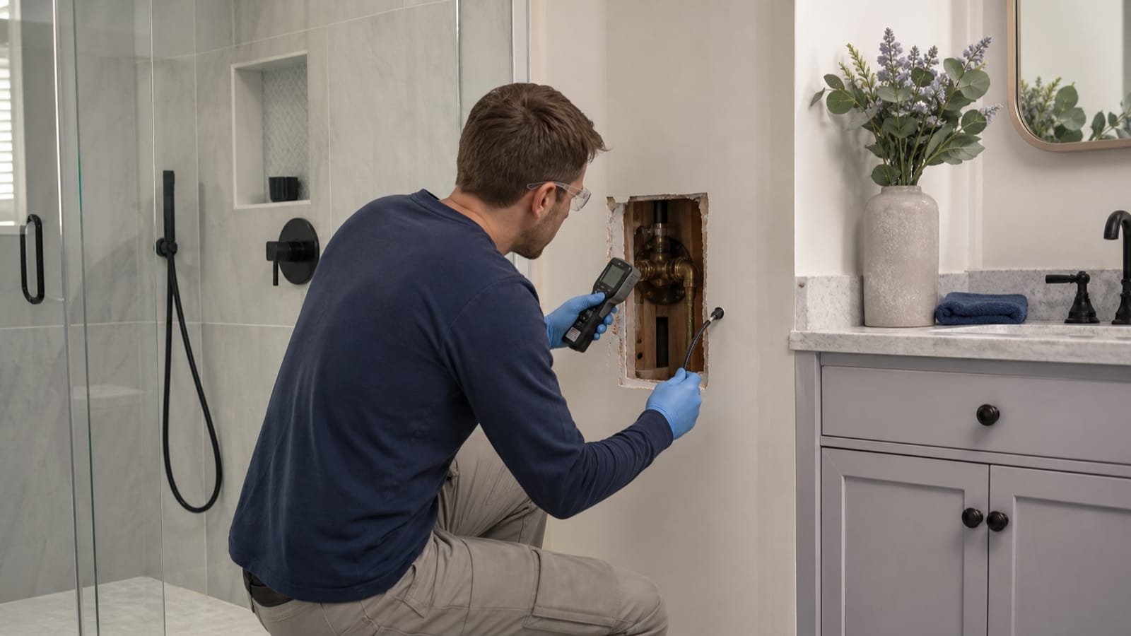 Technician tracing concealed bathroom moisture with a meter and inspection camera