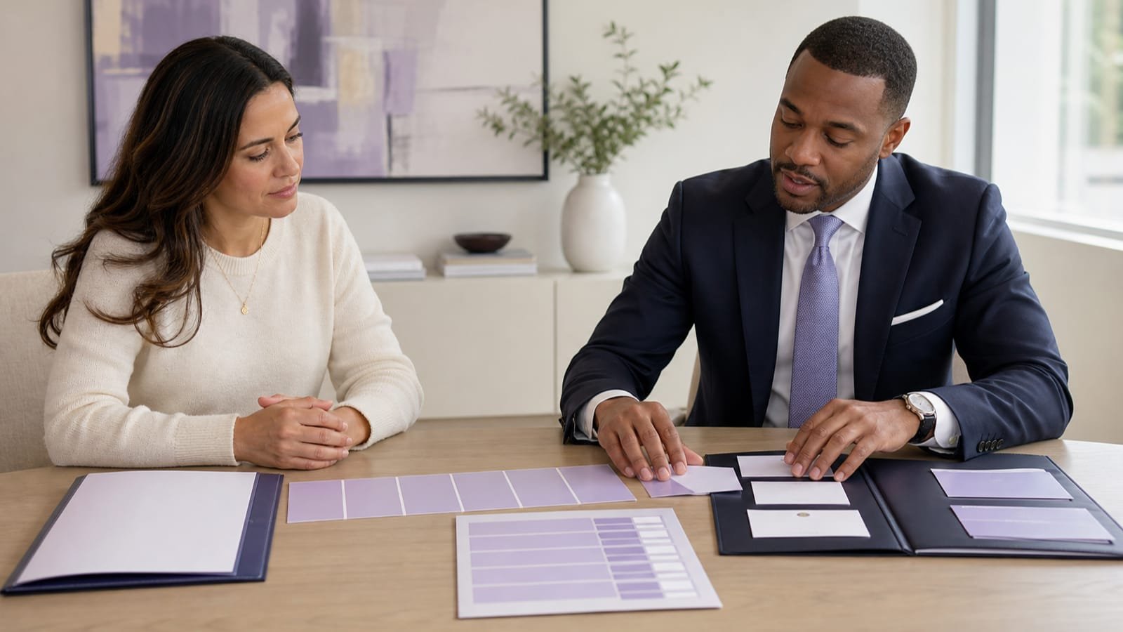 Client and attorney reviewing blank fee, timeline, expense, and communication materials