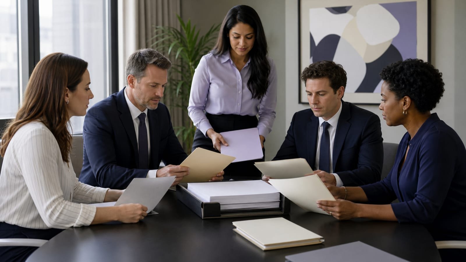 Client, attorneys, paralegal, and coordinator working from one organized case file