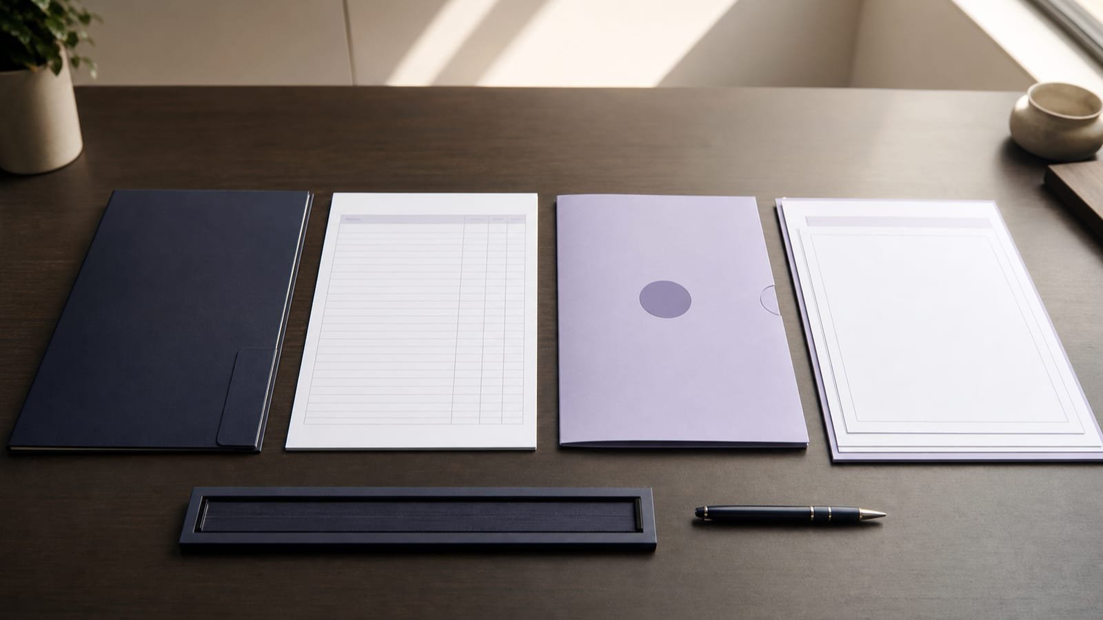 Blank fee folder, expense ledger, lien sleeve, and final accounting packet