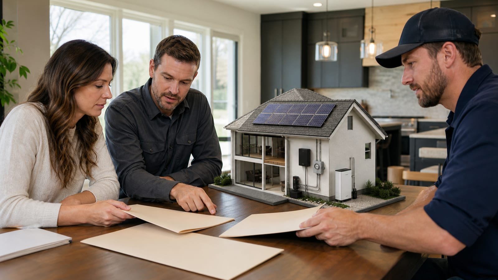 Homeowner and installer comparing blank proposals beside a residential solar system model