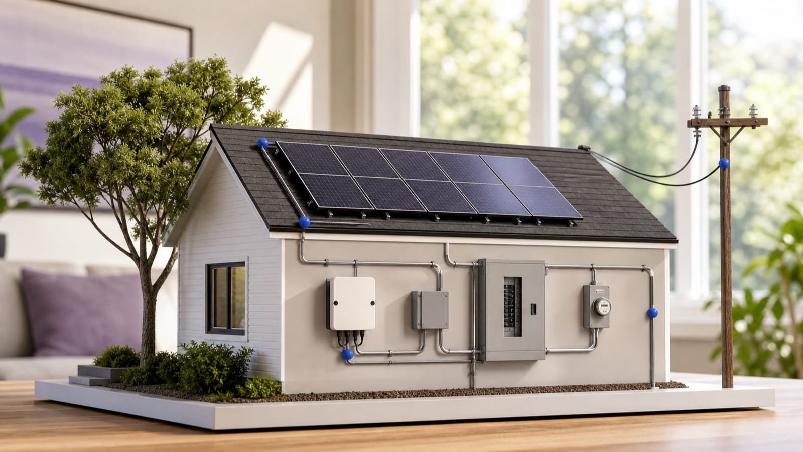Solar roof model showing array, shade, inverter, panel, meter, and utility connection