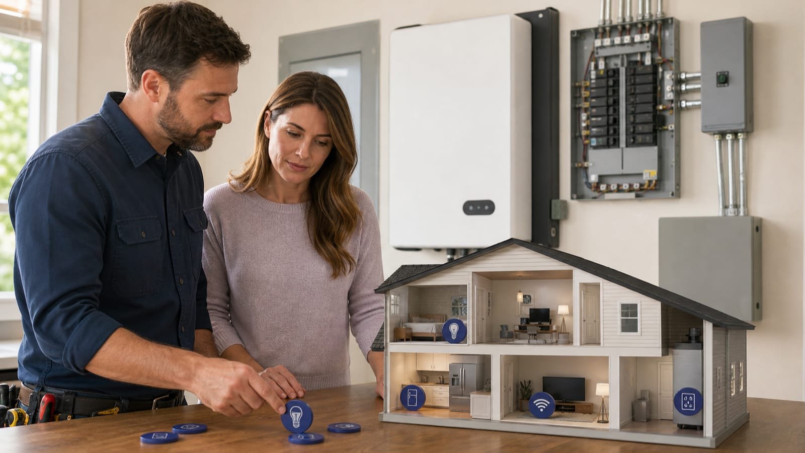 Electrician and homeowner selecting critical loads beside a battery and service panel