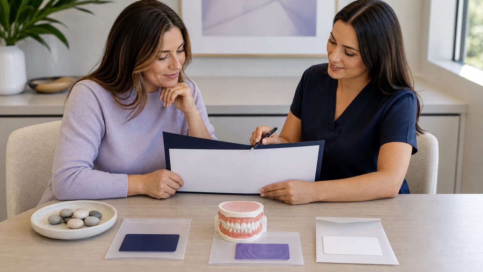Patient and dental coordinator comparing three neutral payment paths and a care plan