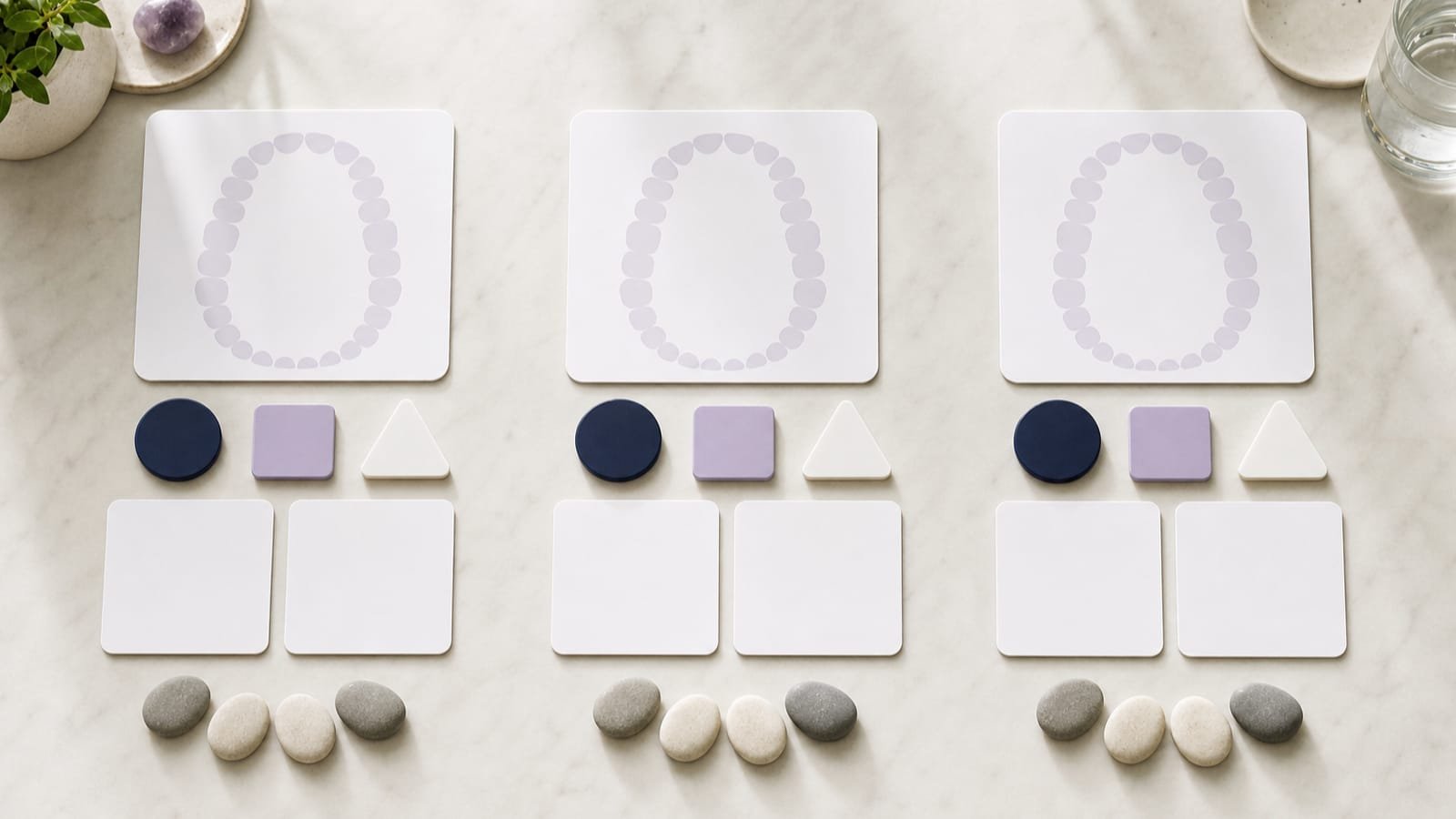 Three equal dental estimate columns with matching procedure tokens and counting stones