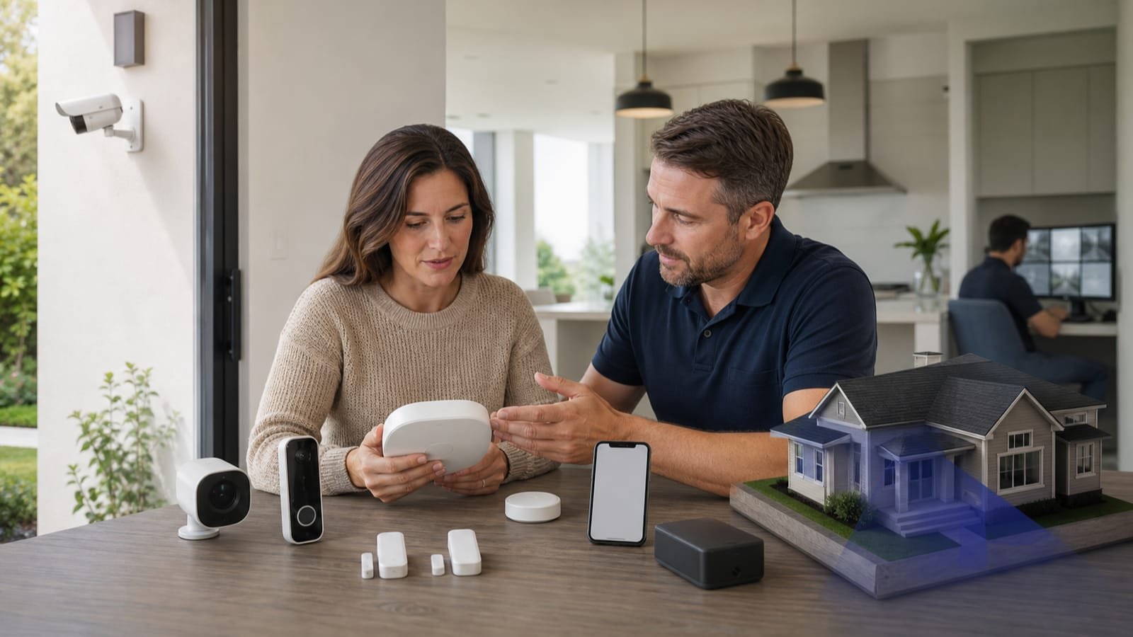 Homeowner and installer reviewing unbranded security devices and a privacy-zone model