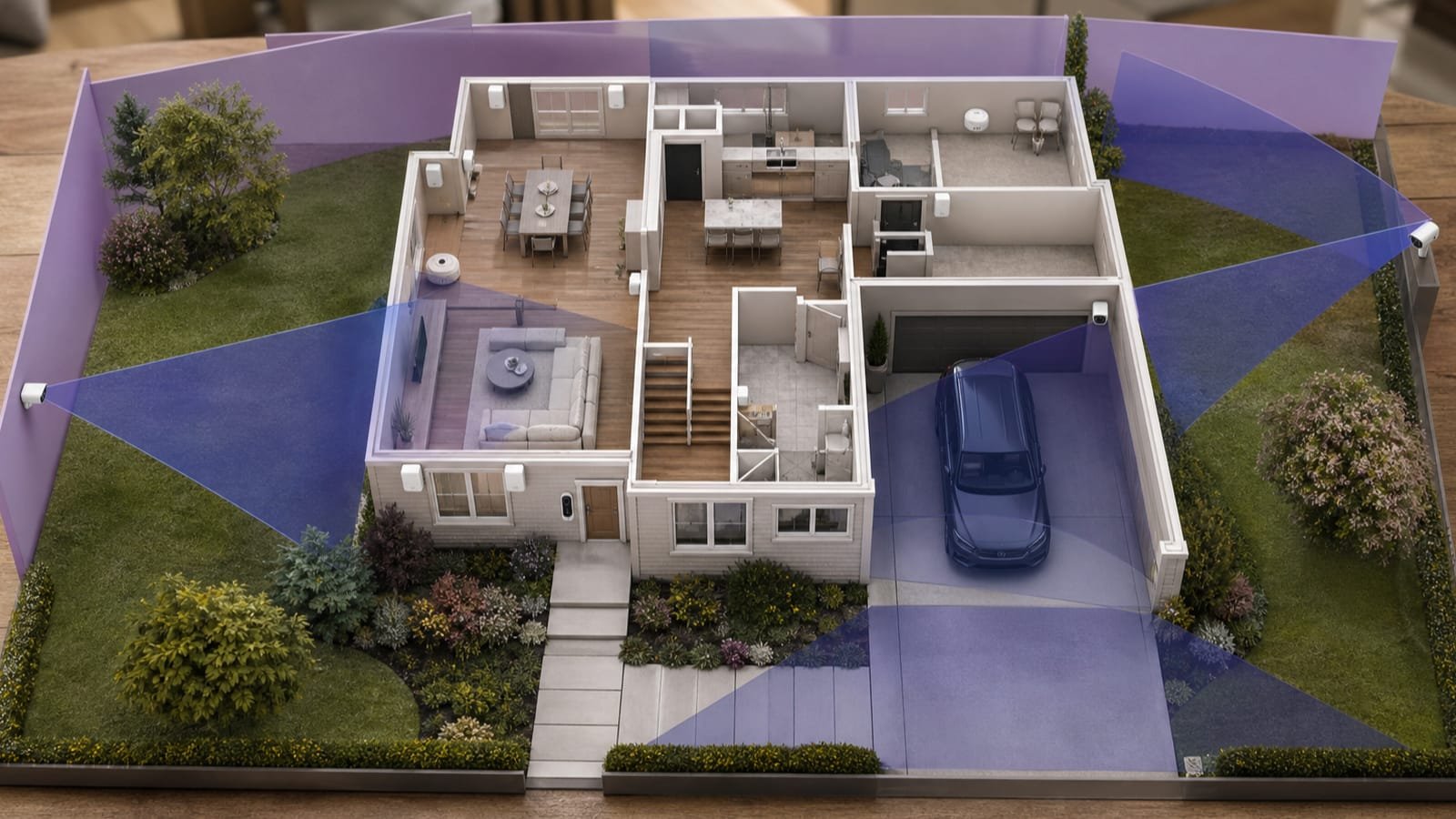 Overhead home model with sensors, cameras, and privacy-contained fields of view