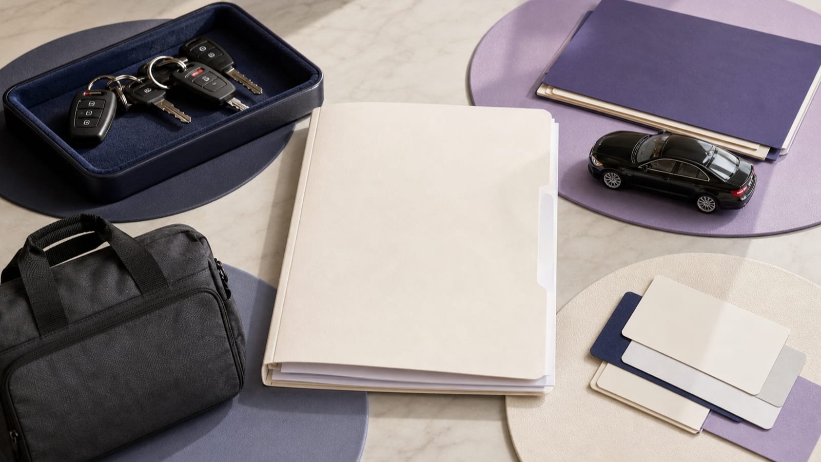 Household keys, owned car, work bag, and repair records frame a policy folder.