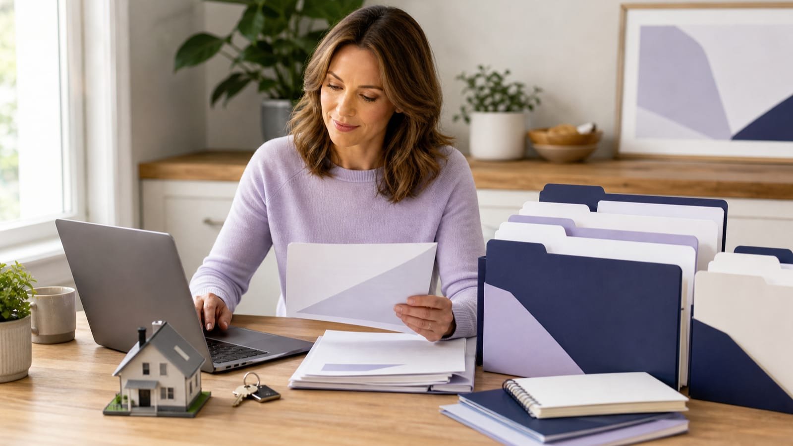 Homeowner organizes refinance records beside a laptop and house model.