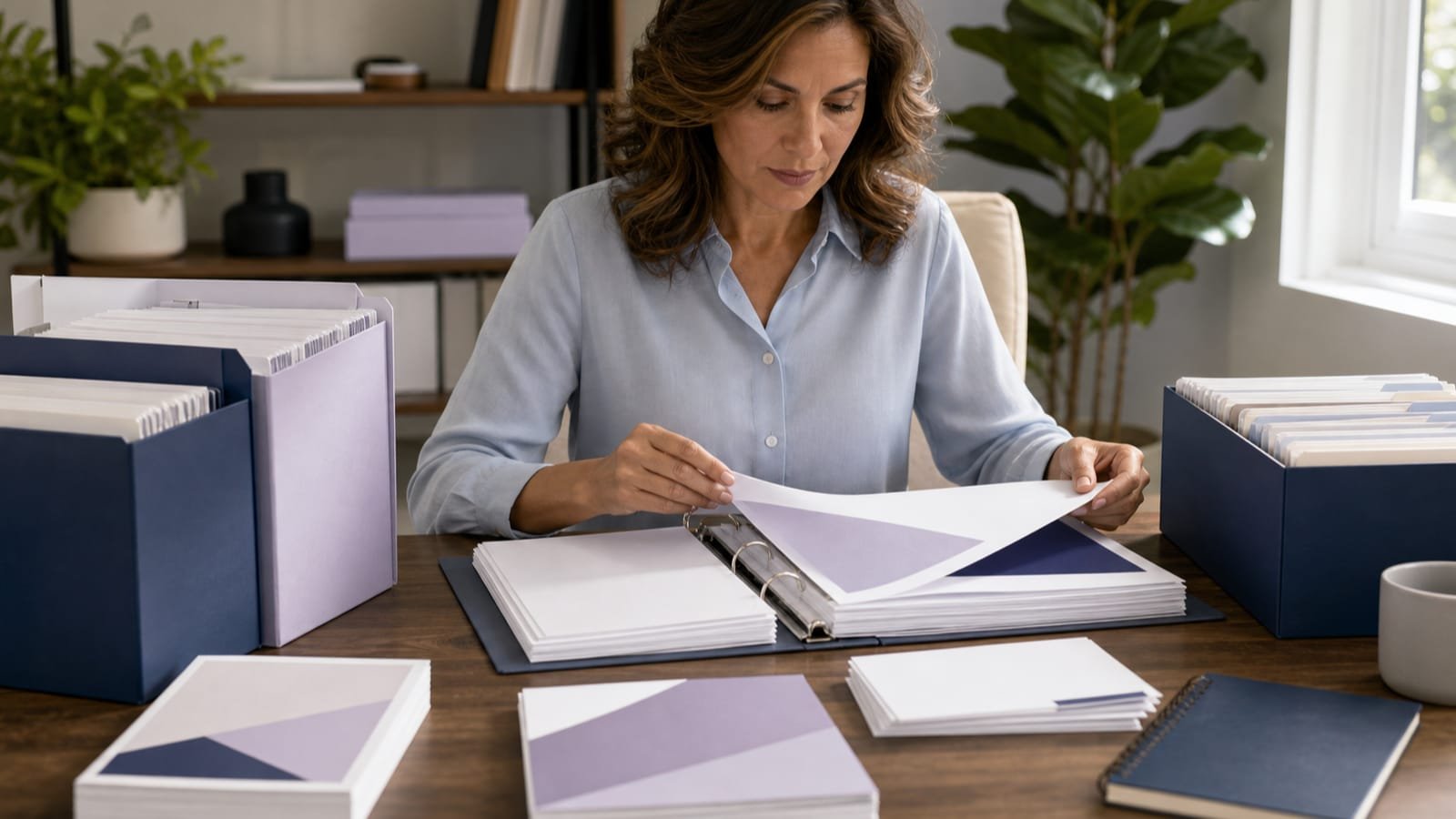 Business owner reviews personal, business, banking, and accounting folders.