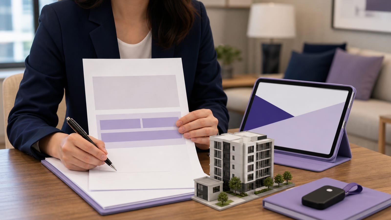 Declaration page, coverage blocks, apartment model, and upload device show proof workflow.