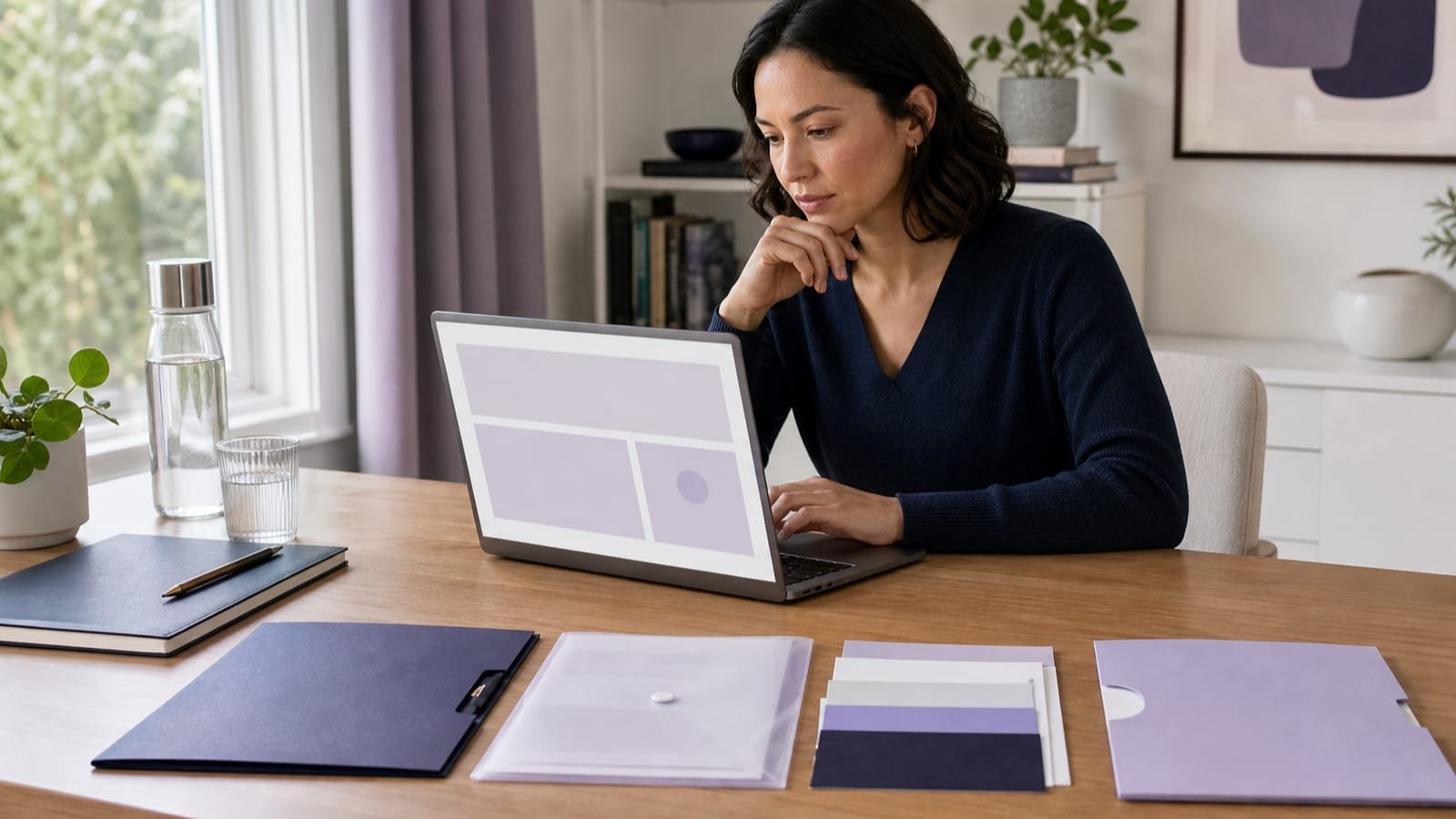 Consumer reviewing a blank telehealth program interface and due-diligence folders