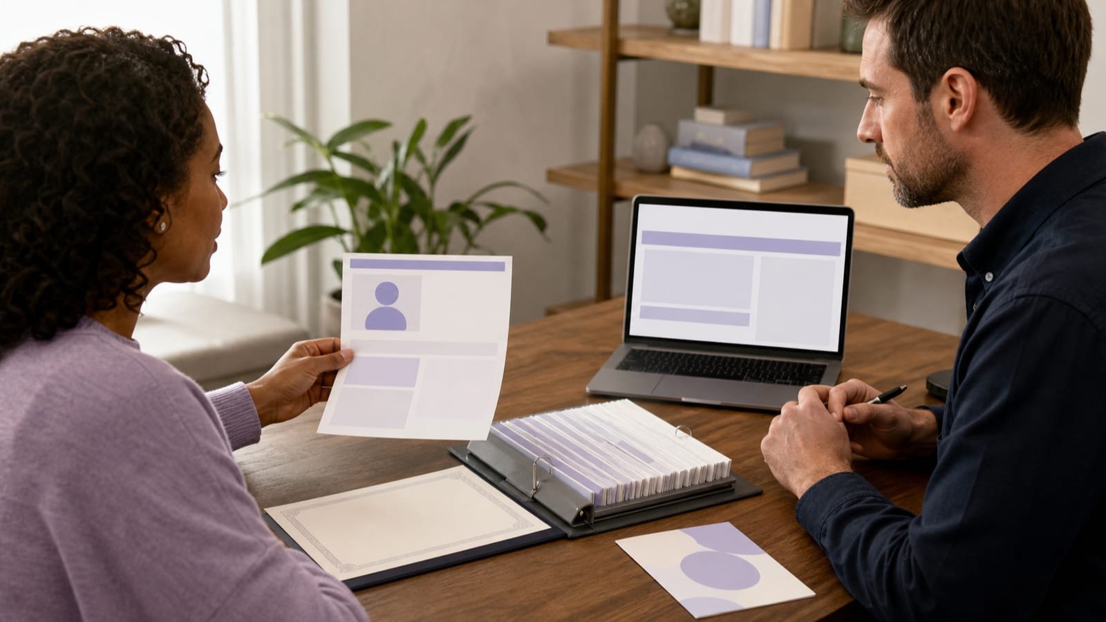 Consumer and clinician comparing abstract credentials with a directory binder and profile