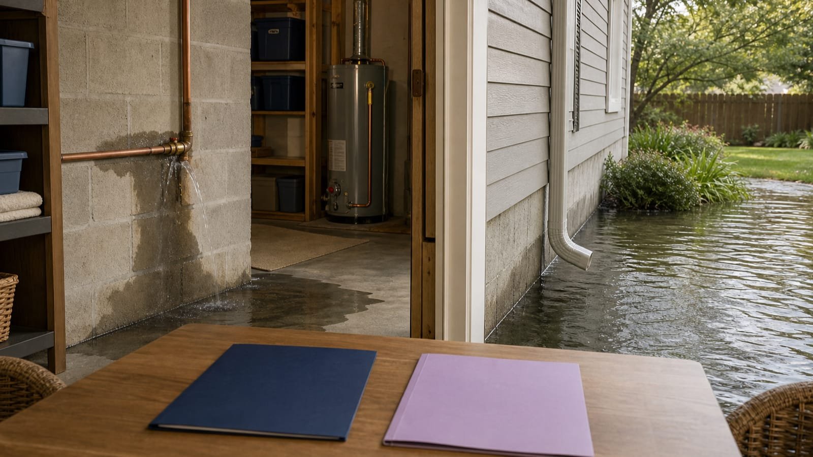 Residential cutaway contrasts an internal pipe leak with exterior rising water.