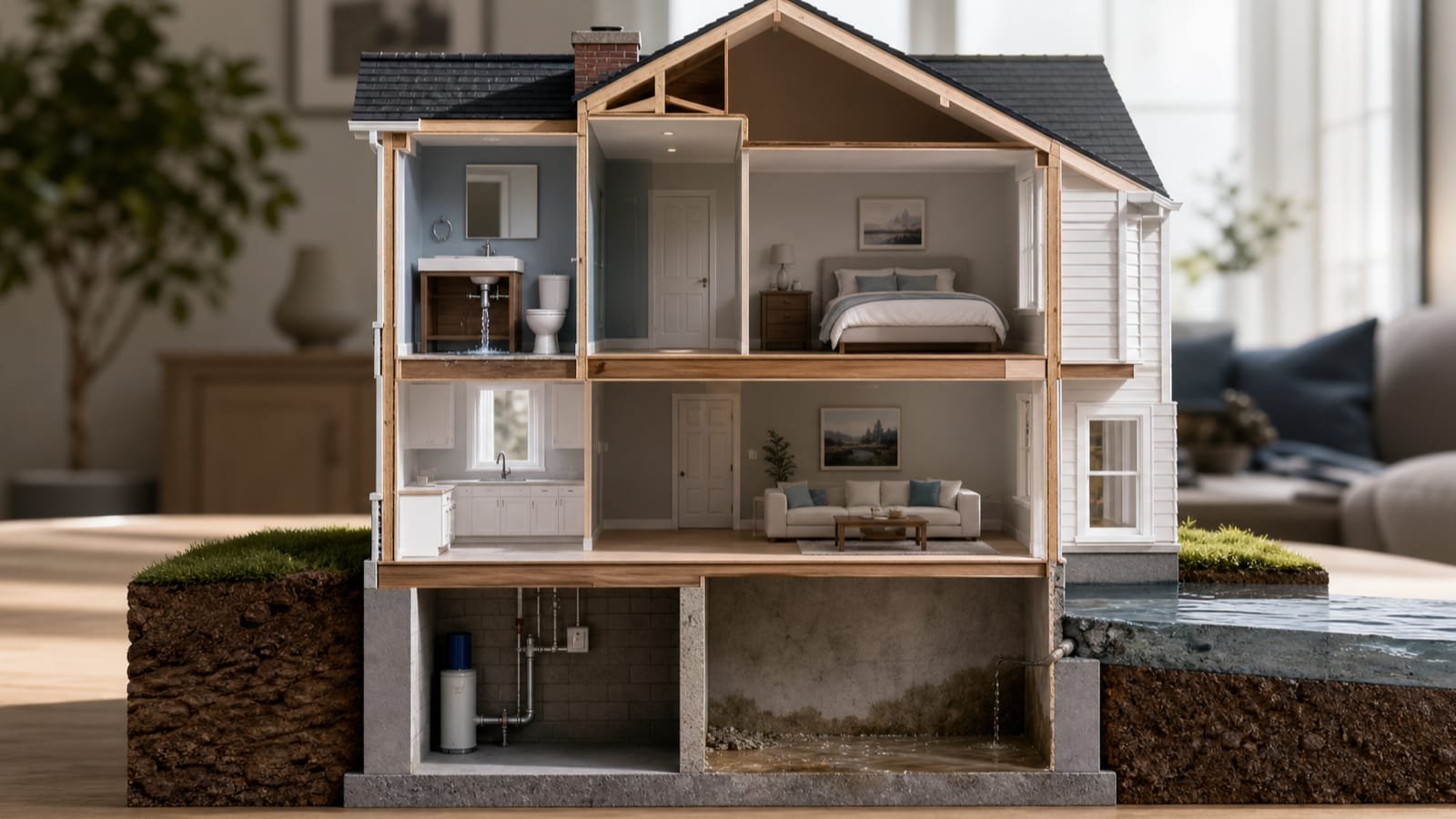 House cutaway shows sudden leaks, rising water, seepage, and maintenance moisture.