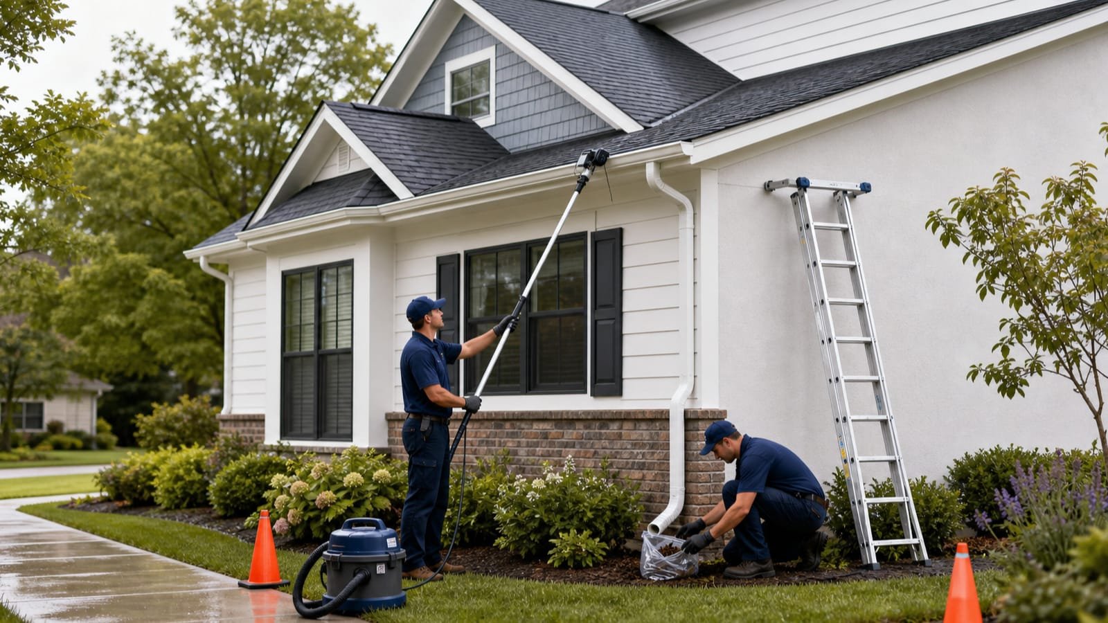 Ground crew inspecting gutters and clearing a downspout on a suburban home