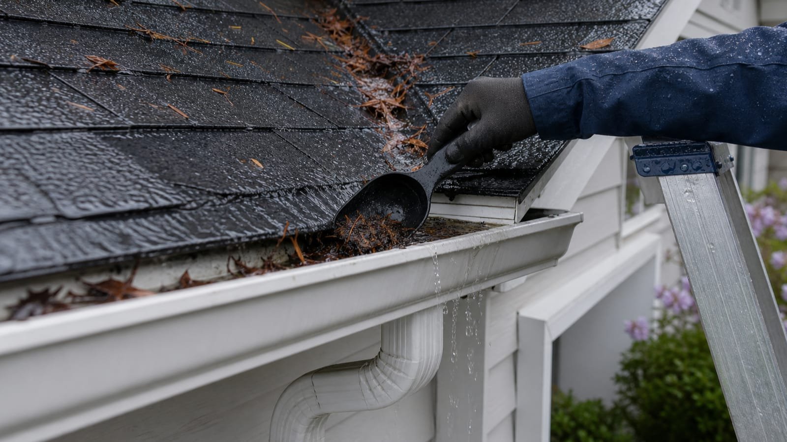 Gloved technician clearing wet debris where a roof valley meets the gutter