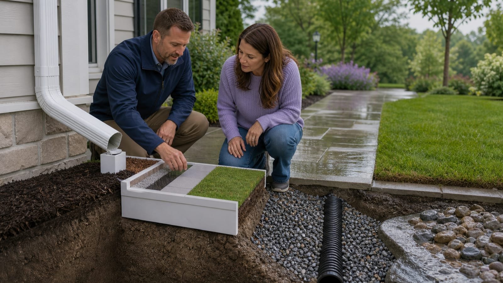 Downspout, walkway, grading, and underground drain shown as separate site systems