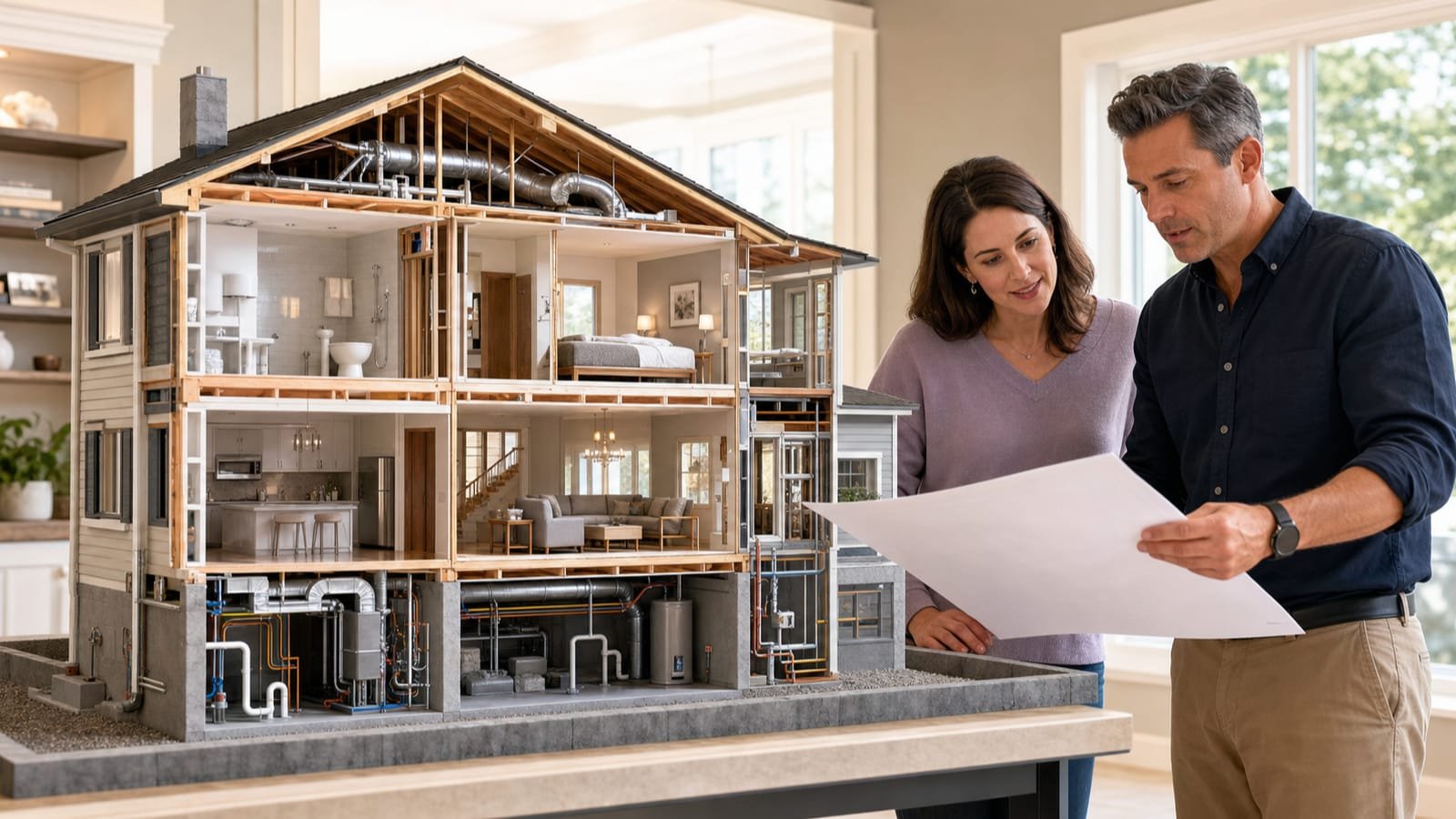 Homeowner and project manager reviewing a whole-house construction cutaway