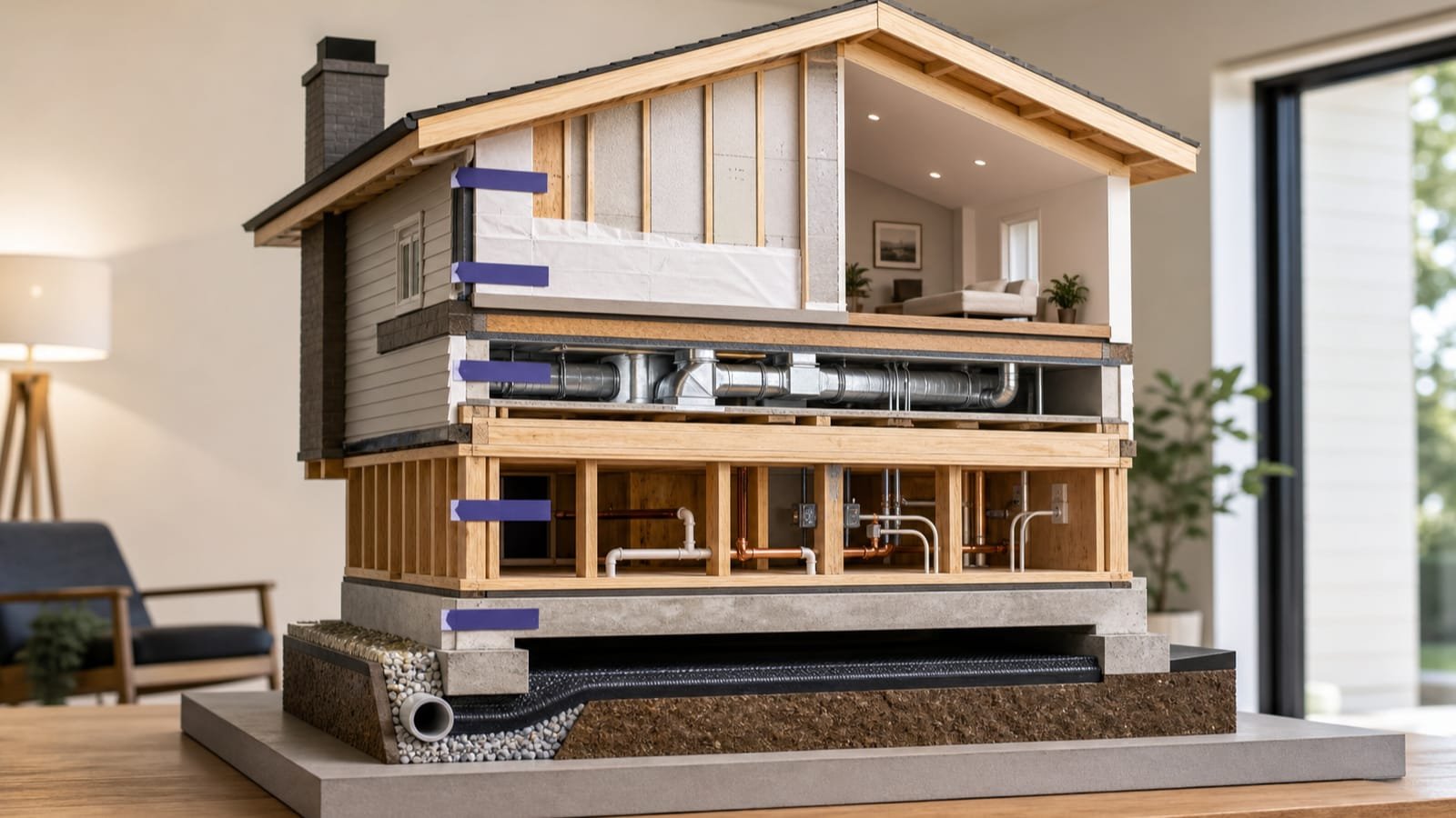Layered house model showing drainage, structure, utilities, envelope, HVAC, and finishes