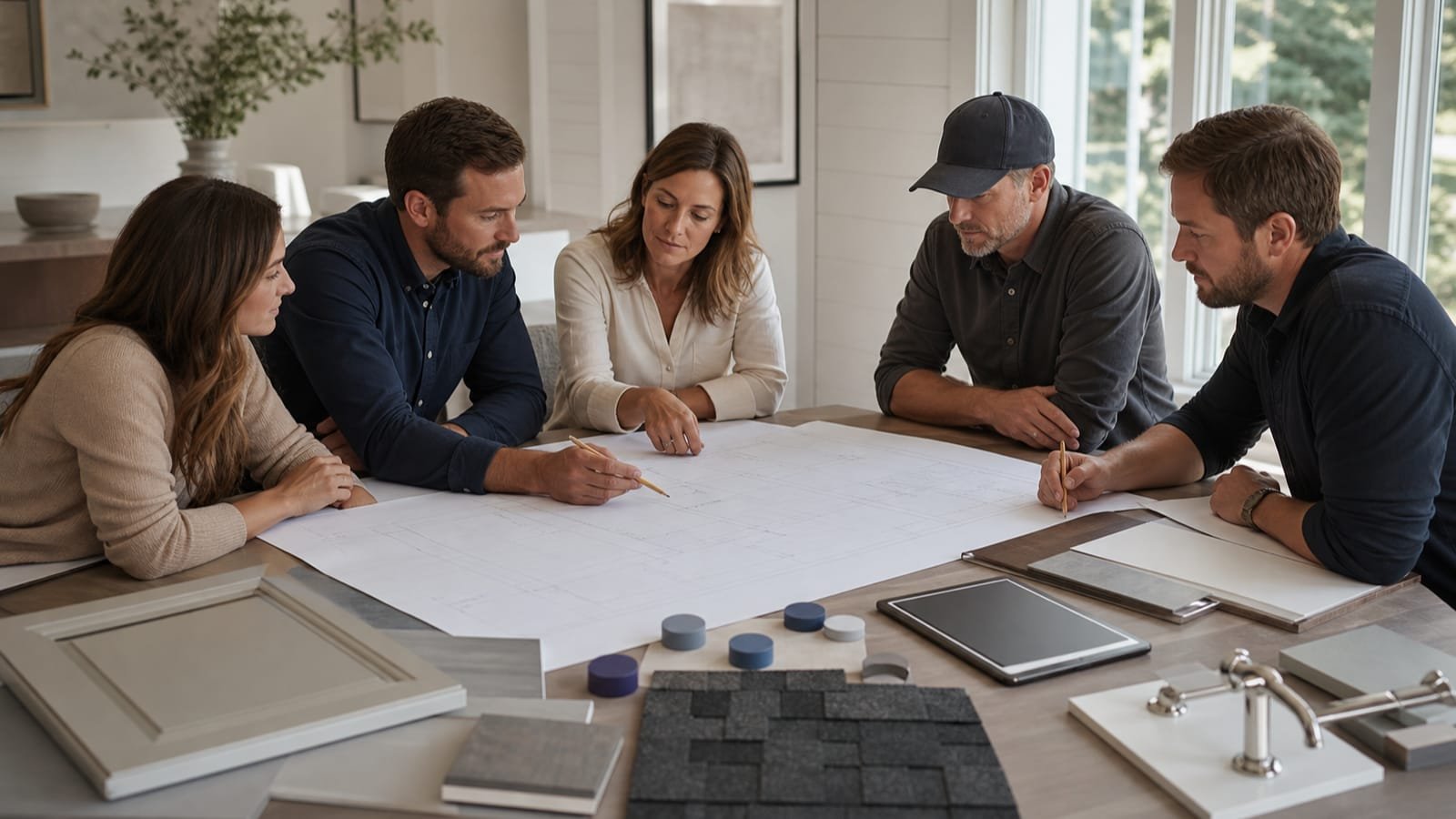 Homeowner and construction team reviewing one coordinated plan and material set