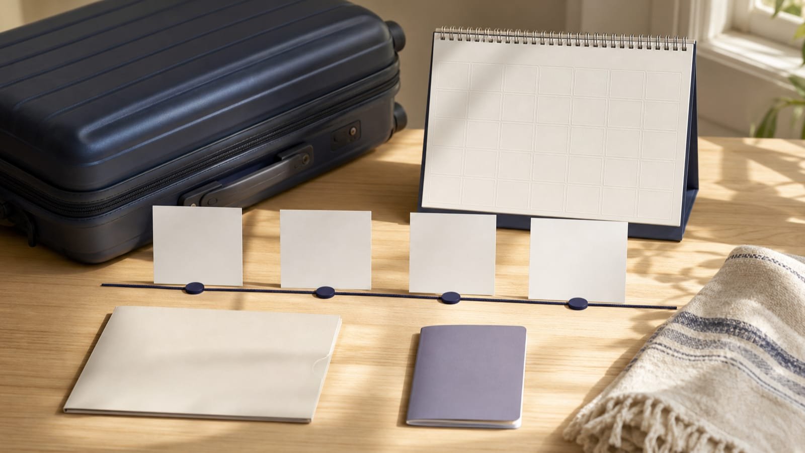 Luggage, blank milestone cards, calendar, policy folder, and travel booklet form a timeline.