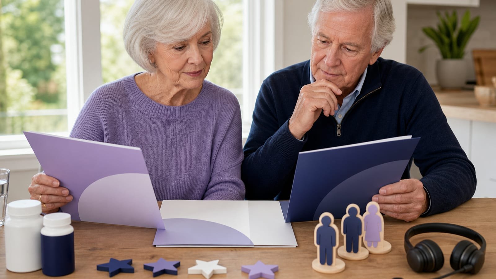 Older couple compares neutral plan folders, quality tokens, network, and service objects.