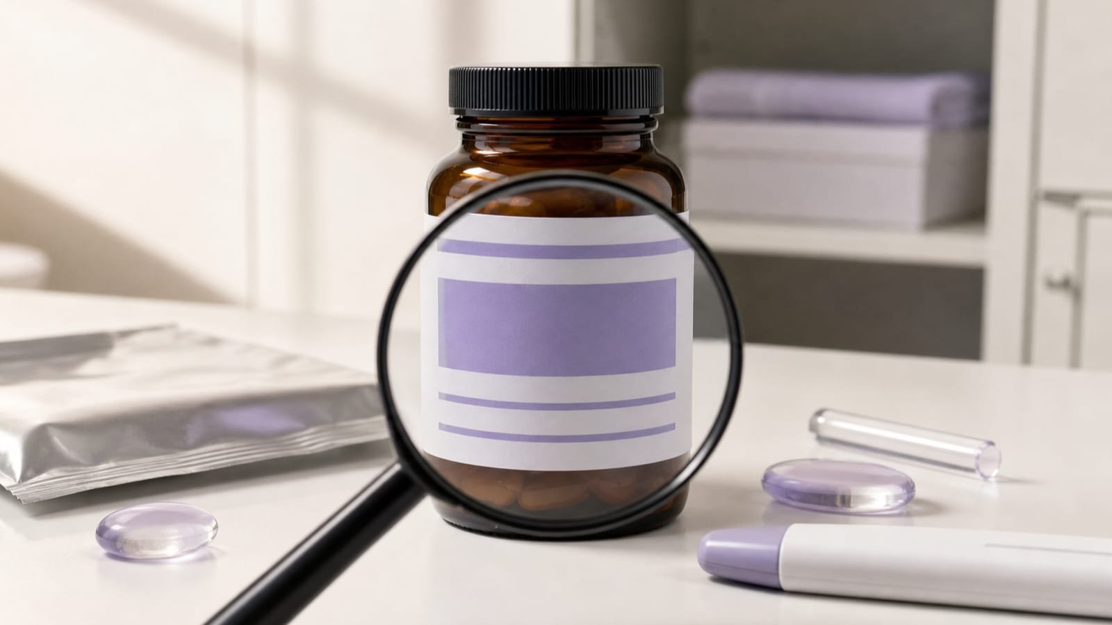 Magnifying glass examining an abstract unbranded probiotic bottle label