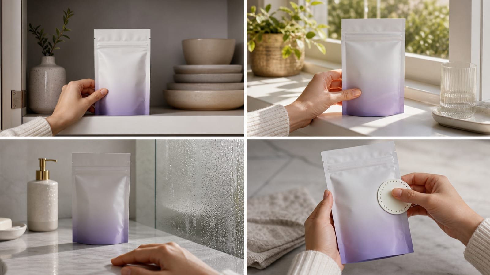 Sealed probiotic pouch shown in cool, warm, humid, and date-check settings