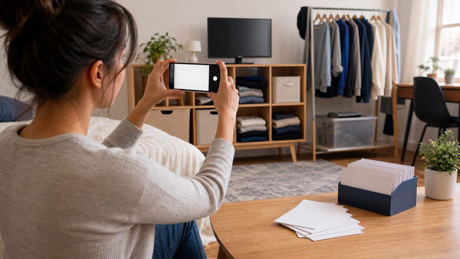 Renter photographs everyday belongings in a bright apartment.