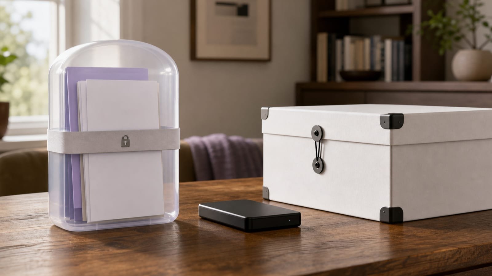 Archive capsule, offline drive, and off-site box represent redundant storage.