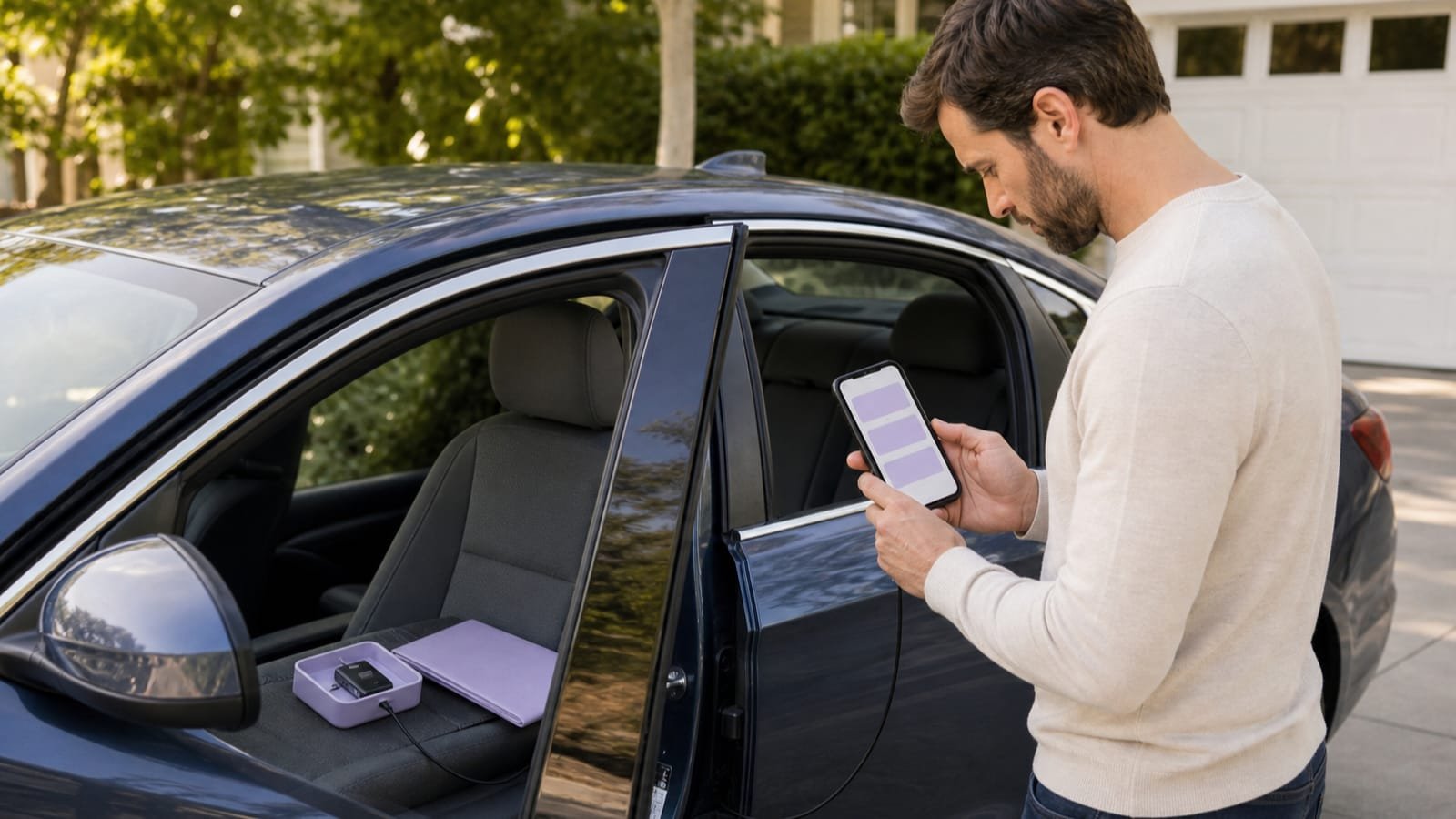 Driver reviews program permissions beside a parked car and a small telematics sensor.