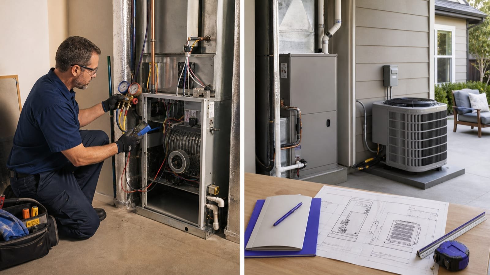 Technician diagnosing an air handler beside a coordinated replacement system plan