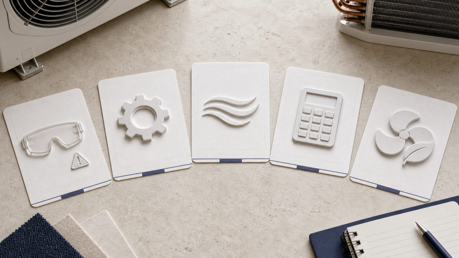 Five tactile decision cards representing HVAC safety, reliability, comfort, economics, and efficiency