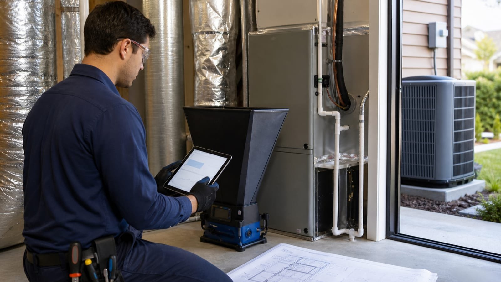 Technician reviewing airflow measurements beside matched indoor and outdoor HVAC equipment