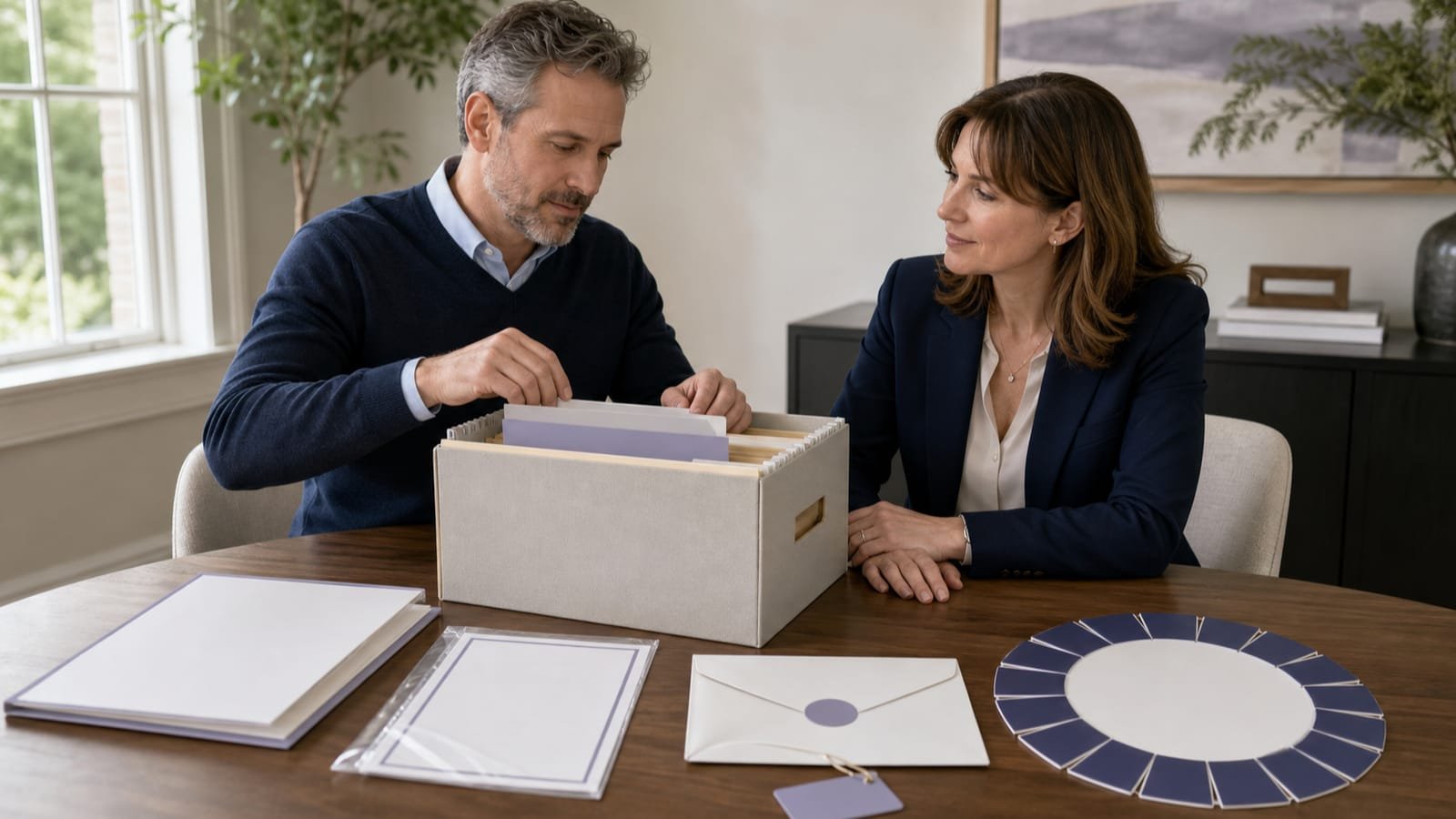 Estate representative and adviser organizing property records, correspondence, and a planning wheel