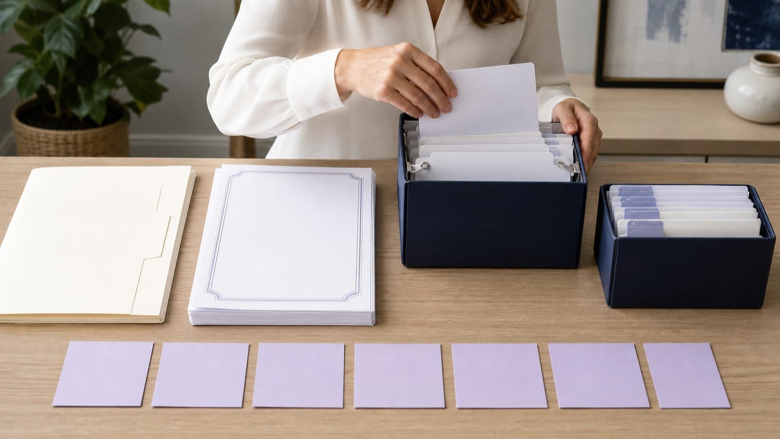 Estate folders, blank statements, contact records, and seven planning cards arranged for filing