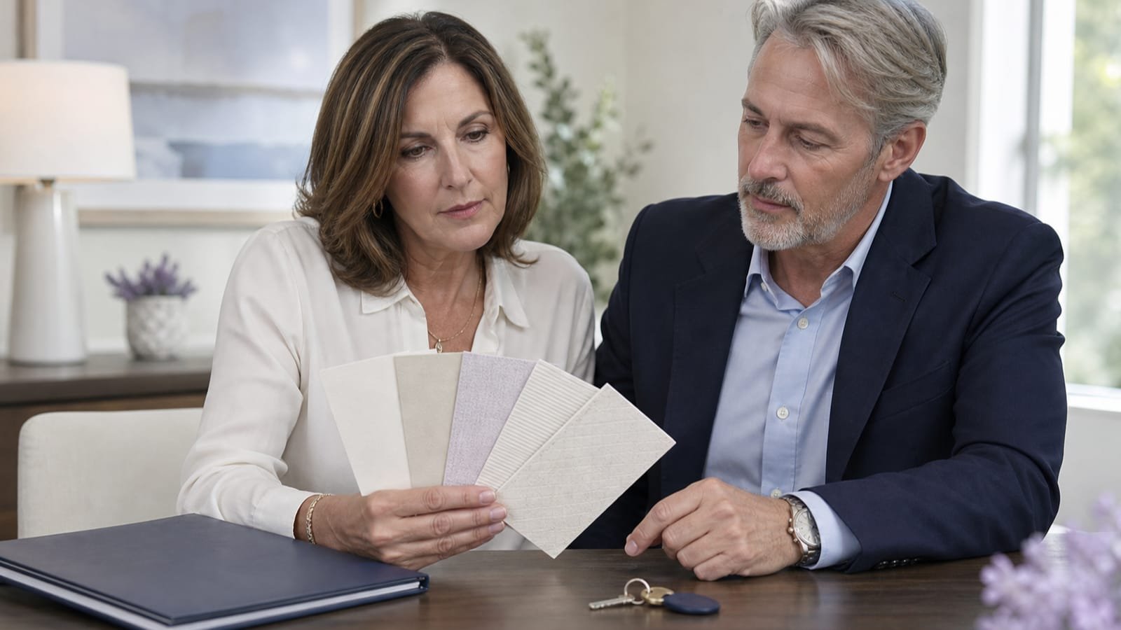 Estate representative and adviser comparing five equal textured option cards