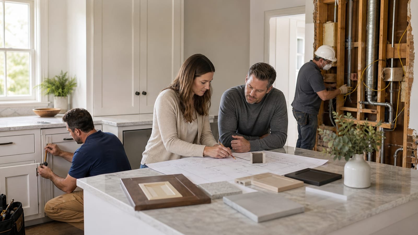 Kitchen team coordinating a cabinet repair, measured plan, samples, and opened wall