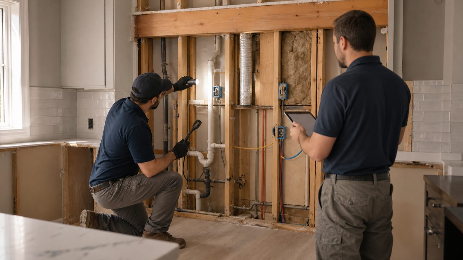 Kitchen wall cutaway exposing plumbing, electrical, ventilation, insulation, and framing