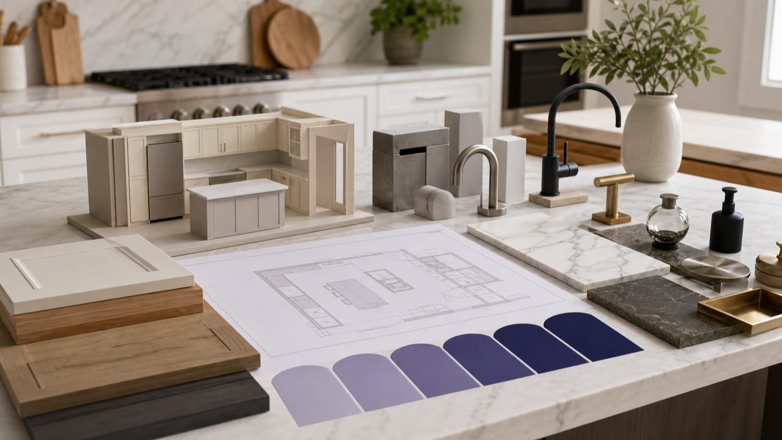 Kitchen model, plans, cabinet samples, fixtures, and blank milestone cards