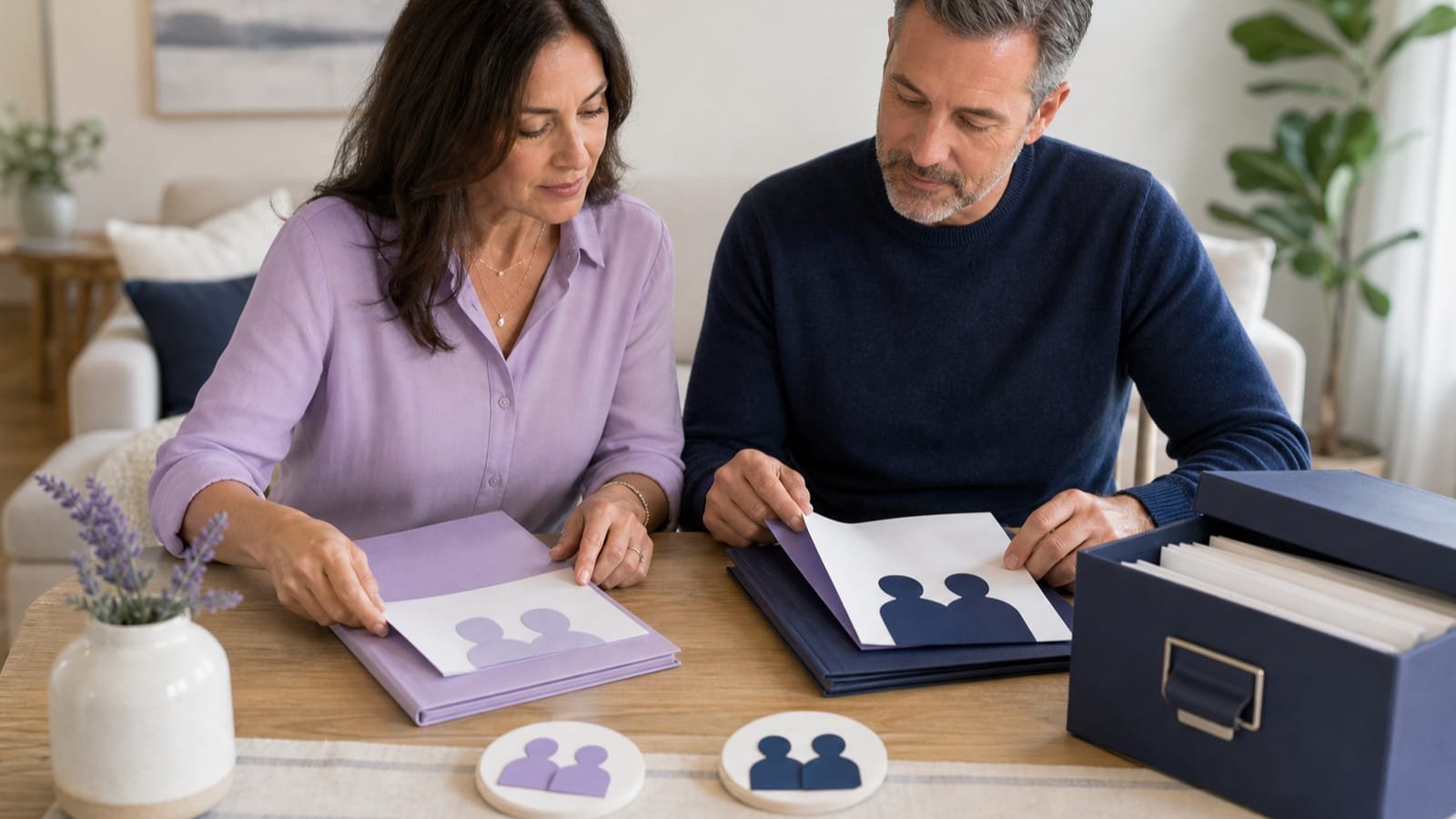 Couple organizes primary and contingent beneficiary folders for secure storage.
