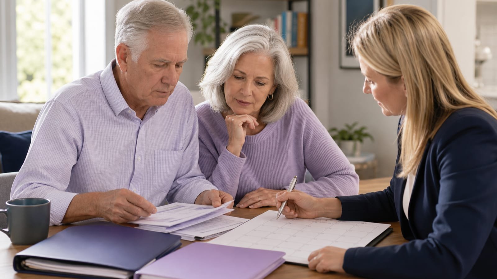 Older couple reviews enrollment timing and prior employer coverage with an adviser.