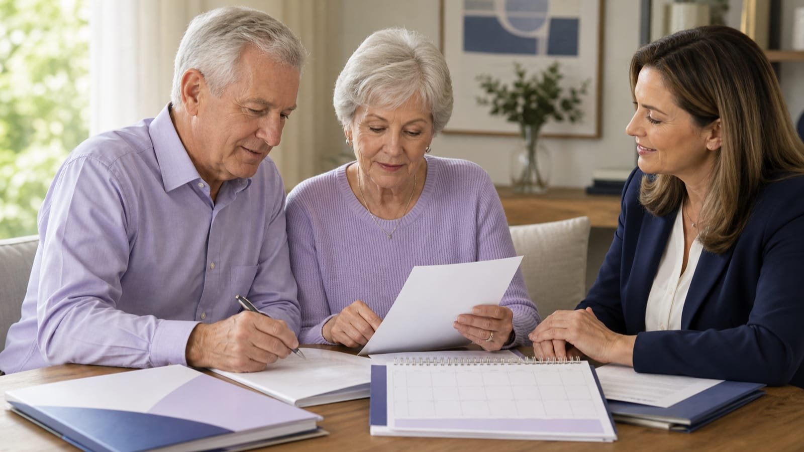 Older couple and adviser organize start records, calendar, and supplement application.