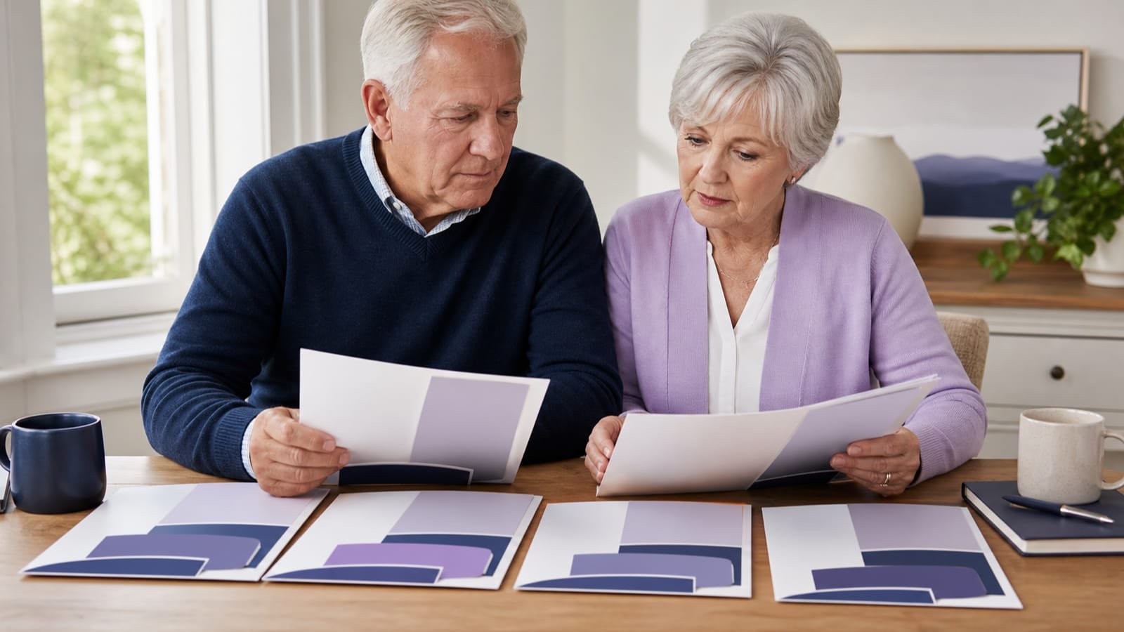 Older couple compares repeated benefit modules with different cost-sharing pieces.