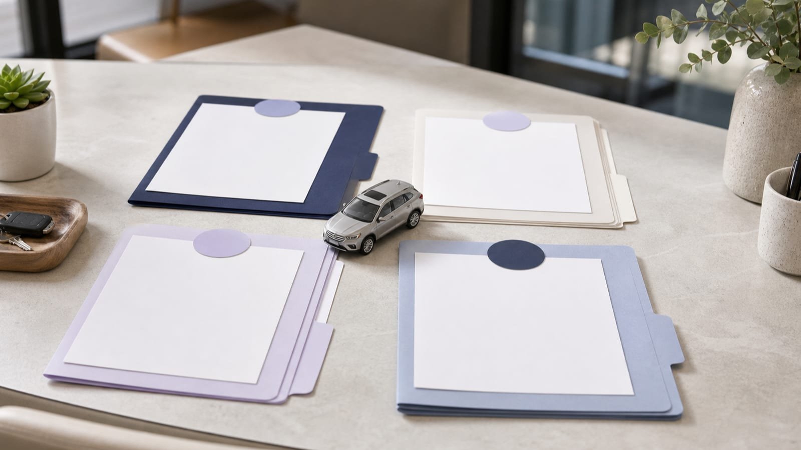 Four neutral folders separate liability, damage, card benefits, and non-owner coverage.
