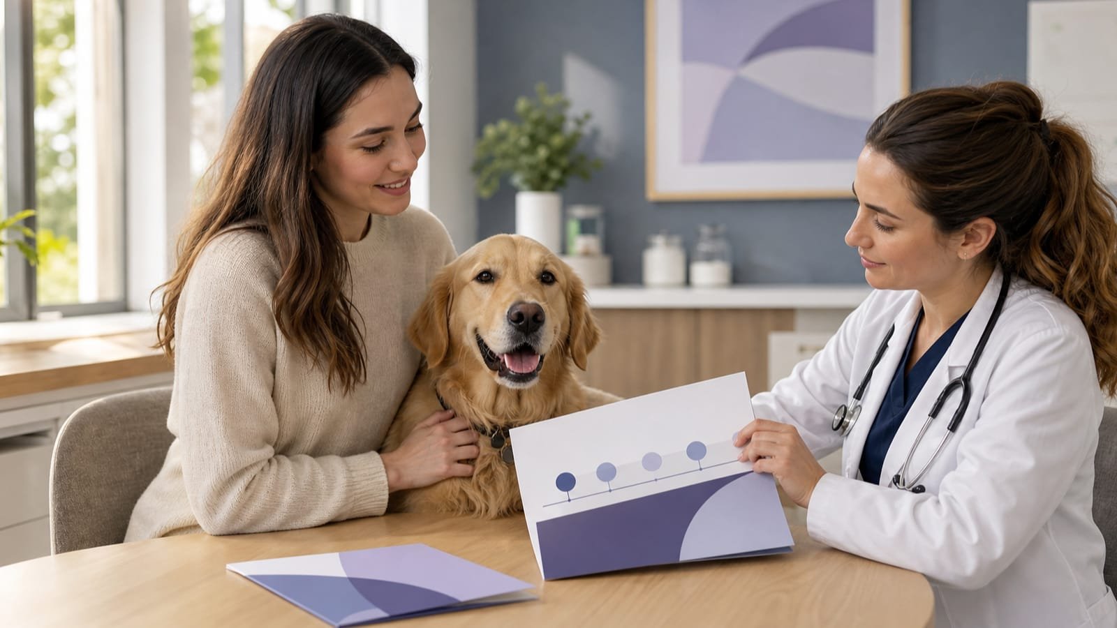 Healthy dog, owner, and veterinarian review a neutral policy timeline.